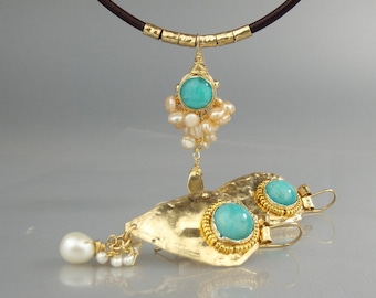 Turquoise Amazonite Necklace Earrings Set, Gemstone Necklace Earrings Set, Bohemian Jewelry Set, Birthstone Jewelry, Birthday Gift Set