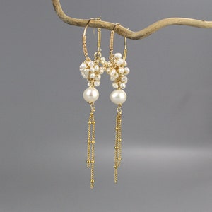 Pearl and Gold Filled Cluster Earrings, Romantic Gift, Pearl Jewelry, Dangle Hoop Earrings, Unique Pearl Hoops, Spring Weddings image 3