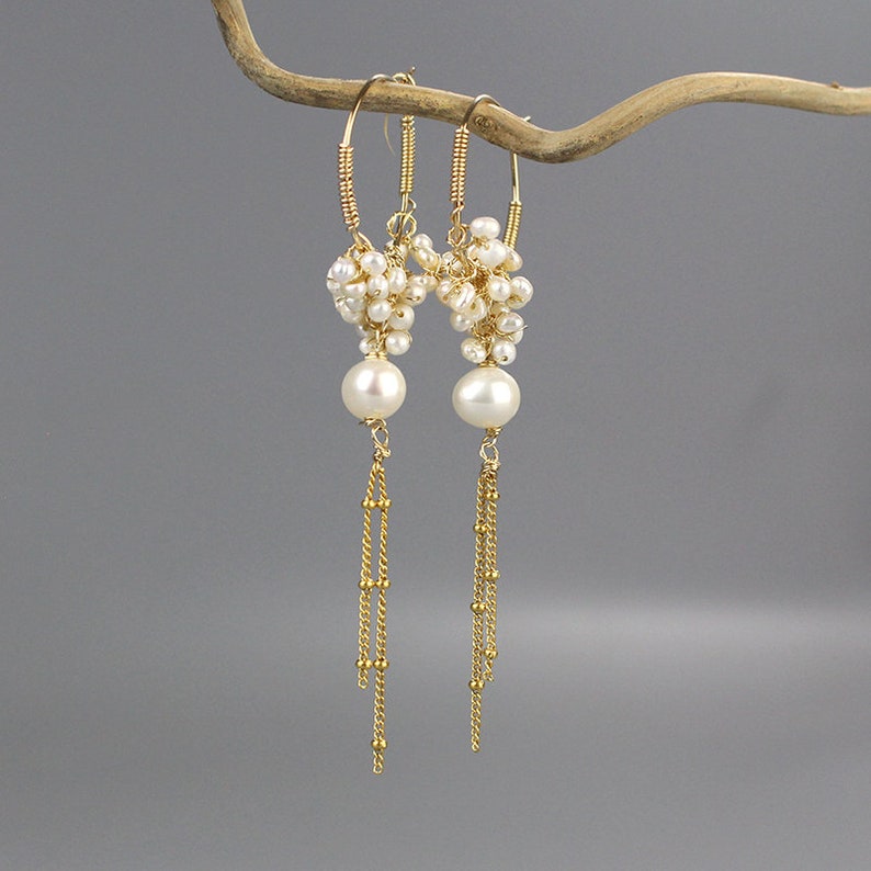 Pearl and Gold Filled Cluster Earrings, Romantic Gift, Pearl Jewelry, Dangle Hoop Earrings, Unique Pearl Hoops, Spring Weddings image 3