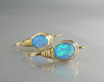 Opal Earrings, Gold Filled Opal Earrings, Oval Opal Earrings, Blue Opal, Bridesmaid Gift, October Birthstone, Opal Jewelry, Wrapped Opal