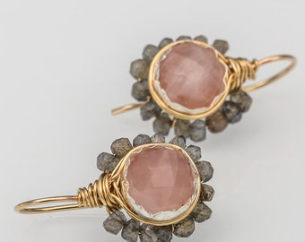 Labradorite Flower Earrings, Labradorite Jewelry, Natural Labradorite, Rose Quartz, Gift For Her, Delicate Dainty Earrings