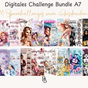 Könnte beinhalten: Ein digitales Challenge-Bundle mit 16 druckbaren Spar-Challenges. Das Bild zeigt eine Sammlung farbenfroher Illustrationen, darunter Porträts, Würfel und florale Designs. Der Text enthält "Digitales Challenge Bundle A7" und "16 Sparchallenges zum Ausdrucken!"