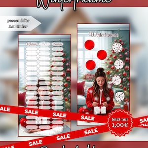 Winterträume A6 Rubbel- und Würfel-Sparchallenge mit Weihnachtsbaum-Motiv inklusive Spartracker für den Budget Binder von PureBudgetDesign.