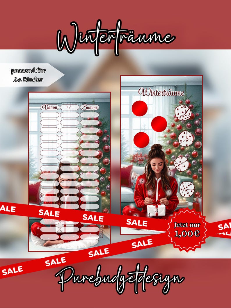 Winterträume A6 Rubbel- und Würfel-Sparchallenge mit Weihnachtsbaum-Motiv inklusive Spartracker für den Budget Binder von PureBudgetDesign.