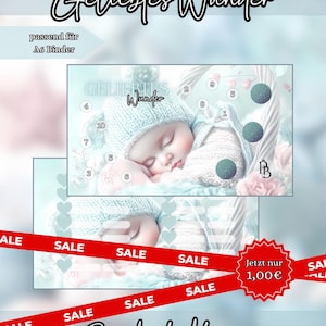 May include: A rectangular savings tracker card for an A6 binder featuring a soft illustration of a sleeping baby in a knit hat and basket. The design includes numbered circles from 1 to 10, the text Geliebtes Wunder, and a logo with the letters PB.