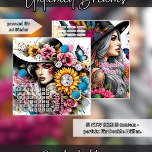 Könnte beinhalten: Zwei digitale Kunstdrucke mit dem Text "Untamed Dreams" und "Purebudgetdesign". Die Drucke zeigen eine Frau mit floralen und Schmetterlingsakzenten, eine Sonnenblume und ein Wortsuchrätsel. Die Größe beträgt 8x16cm.
