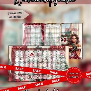 Könnte beinhalten: Ein A6-Binder-Einlagenset zum Thema Weihnachten mit einer Bingo-Spielkarte und einem Spar-Tracker. Das Design zeigt einen festlichen Raum mit Weihnachtsbaum, Strümpfen und einer Frau im roten Kleid. Text: "Weihnachtszauber", "Big Bingo", "passend für A6 Binder".