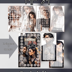 Può includere: Un set di tatuaggi con vari disegni, tra cui immagini di persone tatuate, dadi e una sfida di risparmio. Il set include il testo "Tattoo Set", "Challengeset & Sparspiel" e "Purebudgetdesign".