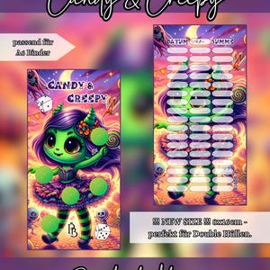 Könnte beinhalten: Ein digitaler Kunstdruck mit den Worten "Candy & Creepy" in einer skurrilen Schriftart. Der Druck zeigt eine grüne Cartoonfigur mit Hörnern und einem Tutu sowie ein zweites Design mit einem Raster zur Nachverfolgung. Der Text "!!! NEW SIZE !!! 8x16cm" ist ebenfalls sichtbar.