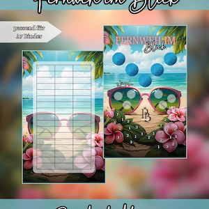 Könnte beinhalten: Eine digitale Planerseite mit dem Text "Fernweh im Blick" und "Purebudgetdesign". Das Design zeigt Sonnenbrillen, tropische Blumen und eine Strandszene. Die Planerseite ist für einen A7-Ordner konzipiert.