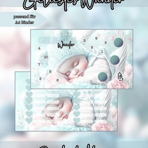 May include: A set of two rectangular A6 binder inserts featuring a sleeping baby in a light blue knit hat and blanket. The design includes the text Geliebtes Wunder, numbered circles, heart icons, and the brand name Purebudgetdesign in black script.