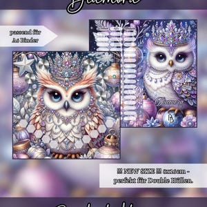 May include: Two planner inserts with owl illustrations. The owls are adorned with jeweled crowns and necklaces, set against a backdrop of ornaments and foliage. Text includes "Diamora" and "Purebudgetdesign". The inserts are 8x16cm.