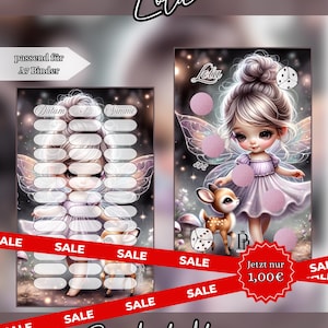May include: Two rectangular A7 binder inserts featuring a fairy character with wings and a small deer. The left insert has columns for Datum, +/-, and Summe. The right insert includes circular scratch-off areas, a die, and the text Lola and 80€.
