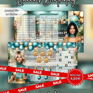 May include: A set of A6 binder inserts titled Queens Birthday featuring a bar scene with a woman holding a glass, gold and teal balloons, a savings tracker grid, and a dice game section with gold circles. The design includes text labels like Summe, Datum, and Wurfeln.