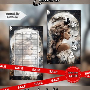 Könnte beinhalten: Zwei rechteckige A7-Einlagen für Ordner mit einer Fantasy-Illustration einer Person mit blondem Haar, einem Schmetterling und einem Totenkopf vor einem Vollmond. Eine Einlage enthält ein Raster mit den Überschriften Datum, +/-, und Summe.