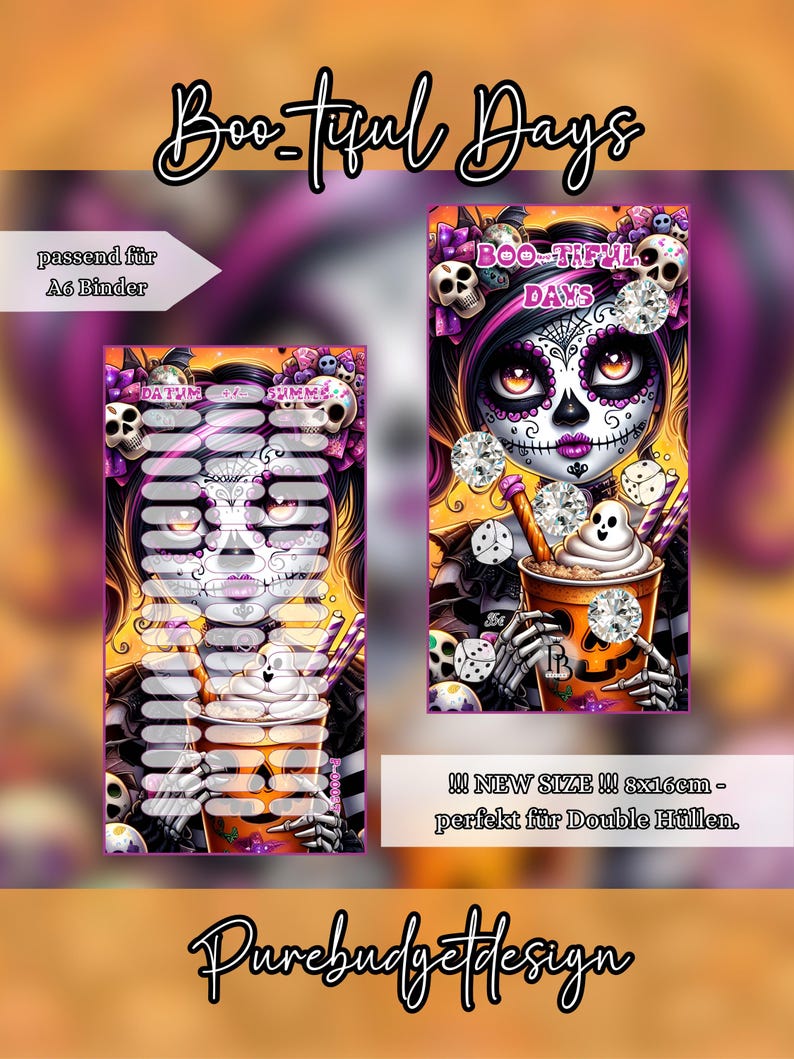Boo-tiful Days A6 Sparchallenge Set mit Tracker im Halloween Sugar Skull Design für den Budget Binder von PureBudgetDesign.