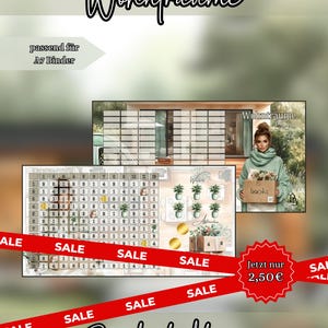 May include: A set of A7 binder inserts featuring a savings tracker with a grid of numbers, a section for tracking plant icons, and a decorative illustration of a person holding a box labeled books. The text includes Wohnträume and Purebudgetdesign.