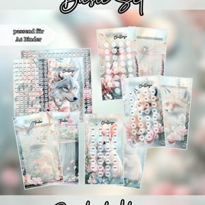 Könnte beinhalten: Ein Set aus A6-Einlagen für Ringbücher mit Blumen- und Tiermotiven wie Wolf, Fuchs und Hase. Das Set enthält verschiedene Budget-Tracker und Challenge-Karten mit kreisförmigen Symbolen, Texten und einer sanften, pastellfarbenen Gestaltung.