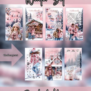 Könnte beinhalten: Ein Set von Planereinlagen zum Thema Winter mit Illustrationen von Winterszenen, Menschen und Aktivitäten. Die Einlagen enthalten den Text "Winter Set", "Challenge Set" und "Purebudgetdesign". Die Farbpalette ist hauptsächlich rosa, weiß und grau.