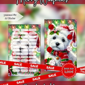 Könnte beinhalten: Zwei A7-Einlagen für einen Ordner mit einem weißen West Highland Terrier, der einen rot-grünen Schal und eine Weihnachtsmütze trägt. Das Design zeigt Lichterketten, Stechpalmen und Würfel. Eine Einlage hat Spalten für Datum, +/-, und Summe.