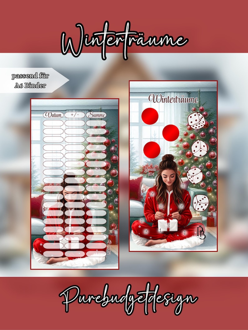 Winterträume A6 Rubbel- und Würfel-Sparchallenge mit Weihnachtsbaum-Motiv inklusive Spartracker für den Budget Binder von PureBudgetDesign.