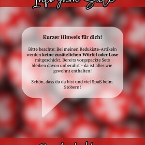 May include: A red and white graphic with the text Info zum Sale at the top and Purebudgetdesign at the bottom. A central speech bubble contains German text regarding sale items, noting that no extra dice or raffle tickets are included.