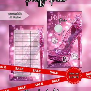 Könnte beinhalten: Ein pinker digitaler Spar-Tracker für A7-Ordner mit einer glitzernden High-Heel-Grafik, Würfel-Illustrationen und nummerierten Feldern. Das Design enthält den Text Pretty Pair und Purebudgetdesign vor einem Bokeh-Hintergrund.