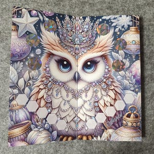 May include: A decorative owl illustration with a jeweled crown and intricate details. The owl has large blue eyes and is surrounded by ornaments and a star. The image has a winter holiday theme with a dark blue background and a variety of colors.