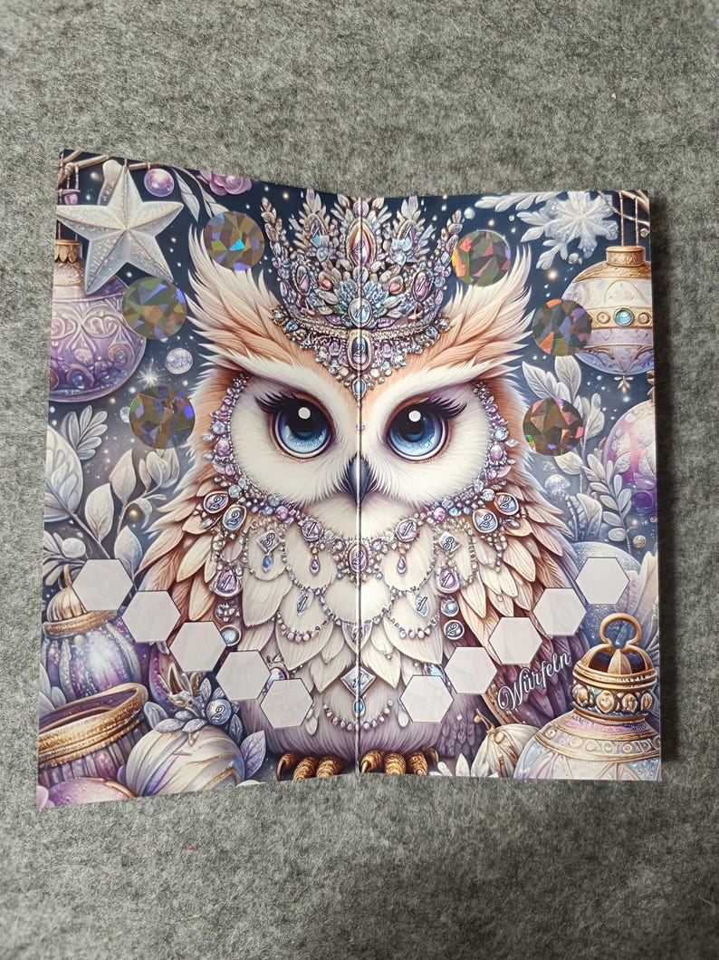 May include: A decorative owl illustration with a jeweled crown and intricate details. The owl has large blue eyes and is surrounded by ornaments and a star. The image has a winter holiday theme with a dark blue background and a variety of colors.