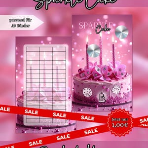 Könnte beinhalten: Ein Sparkle Cake Spar-Tracker für A7-Ordner. Das Design zeigt einen rosa Kuchen mit drei brennenden Kerzen, Blumendekorationen und Würfelsymbolen. Ein Raster zur Fortschrittsverfolgung ist überlagert, mit dem Text Sparkle Cake und Purebudgetdesign.