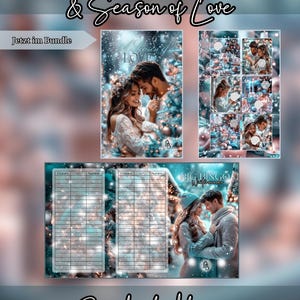 Könnte beinhalten: Ein digitales Produktpaket mit dem Text "Winterwunder & Season of Love" und "Jetzt im Bundle". Das Design umfasst Bilder von Paaren, eine Bingokarte und einen Budget-Tracker, alle mit Winterthema.