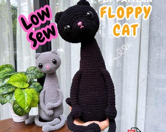 Patrón de ganchillo de gato flexible, gatito amigurumi de patas largas en PDF, costura sencilla, juguete de peluche para principiantes