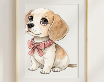 May include: A framed watercolour illustration of a puppy. The puppy has large eyes, tan and white fur, and a pink polka-dot bow tie. The artwork is a charming depiction of a domestic animal, suitable for a child's room.
