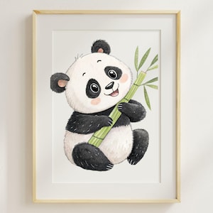 May include: A framed watercolor illustration of a panda bear holding a bamboo stalk. The panda has black and white fur, rosy cheeks, and a friendly expression. The bamboo is green, and the frame is light wood.