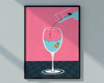 Fish in a Wine Glass — Quirky Modern Illustration Wall Art Print Digital Download Printable