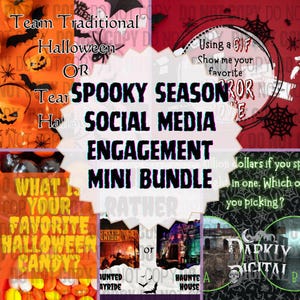 May include: A digital download of social media engagement graphics for Halloween. The graphics feature a variety of spooky themes, including pumpkins, bats, and spiders. The text on the graphics includes phrases like "Team Traditional Halloween", "Spooky Season", and "What is your favourite Halloween candy?"