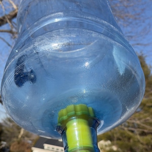 Puede incluir: Una botella de agua azul transparente grande con una boquilla amarilla y verde. La botella es de plástico y parece estar vacía. El fondo incluye un cielo azul y ramas de árboles desnudas.