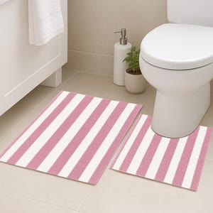2 Piece Set Pink White Stripe Soft Cozy Plush Chenille Bath Mat Bathroom Rug