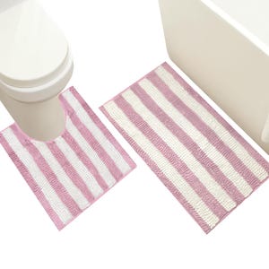 2 Piece Set Pink White Stripe Soft Cozy Plush Chenille Bath Mat Bathroom Rug