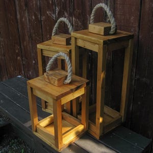 Rustic Wooden Lantern Set – Handmade Lanterns with Rope Handles (Set of 3, Varying Heights)
