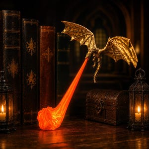 May include: A gold-colored dragon figurine in flight, emitting a long, bright orange stream of fire that terminates in a glowing, textured fireball. The dragon features detailed wings and scales, suspended in a dark, atmospheric setting.