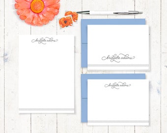 complete personalized stationery set - SCRIPT AND DOTS - personalized stationary set - note cards - notepad - fun font