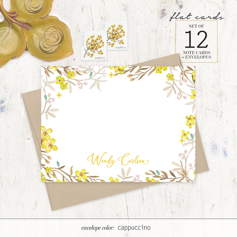 personalized note card set YELLOW FLOWER FIELDS pretty floral stationary botanical watercolor stationery flat note cards set of 12 Bild 2