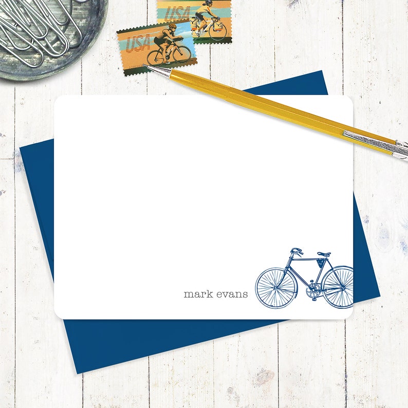 personalized note card set VINTAGE BOYS BICYCLE masculine stationary men's bike stationery boys bike gift for him flat cards set of 12 image 1