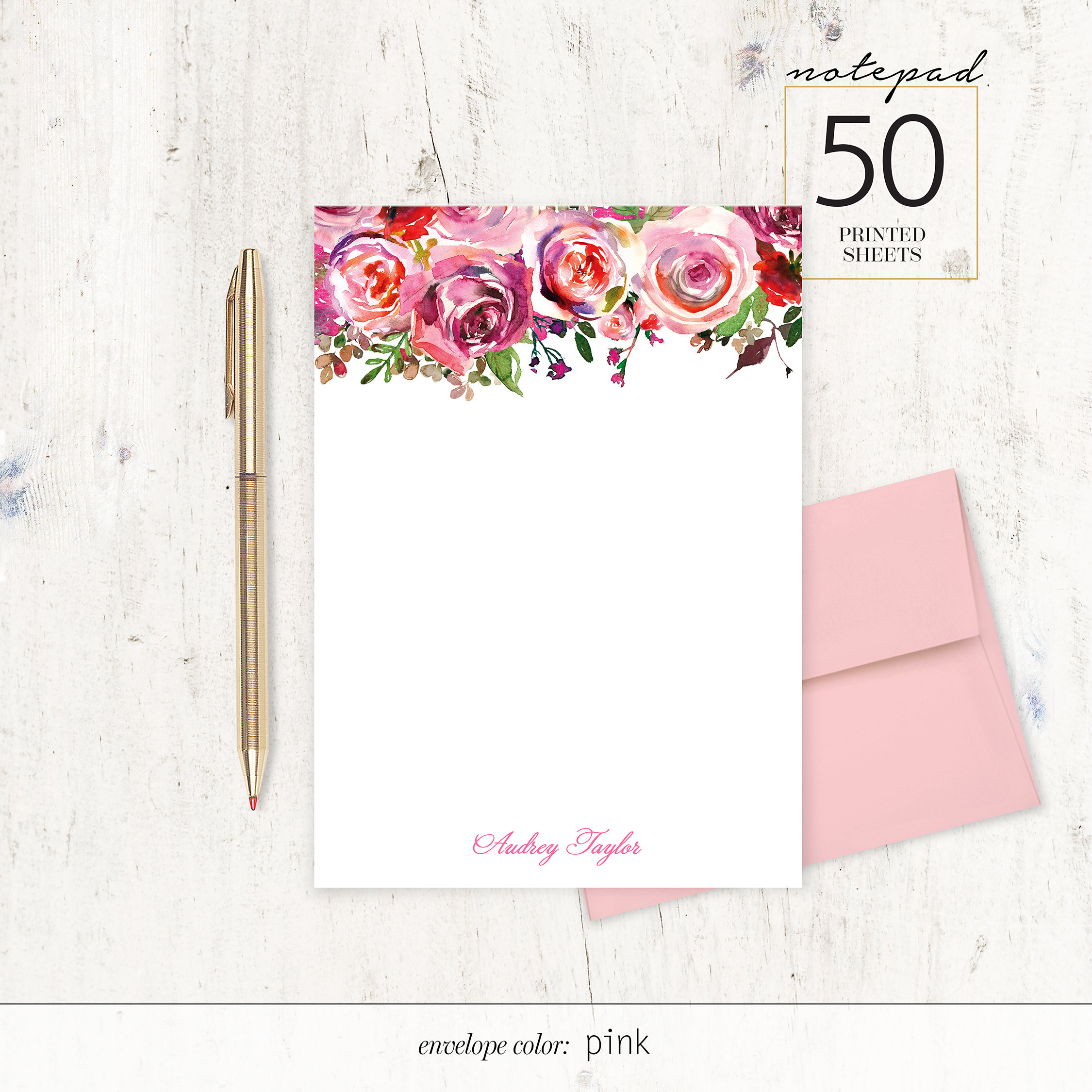 Personalized Notepad - PINK WATERCOLOR ROSES - Floral Stationary Flower ...