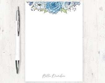 personalized notePAD - BELLA'S BLUE GARDEN Watercolor Flowers - floral stationery nature stationary letter writing paper - 50 sheet pad