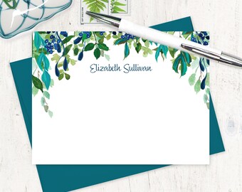 personalized note cards - JUNGLE BERRIES WATERCOLOR Floral - nature lover stationery flower stationary tropical - flat note cards set of 12