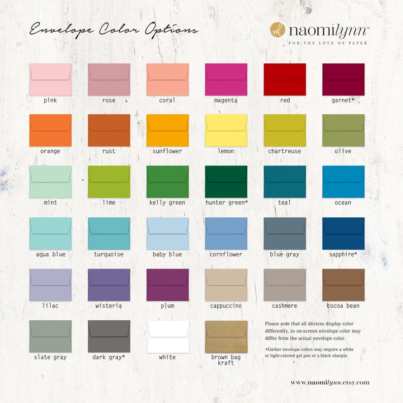 May include: A chart of envelope colour options for stationery and invitations. The chart shows 24 different envelope colours, including pink, rose, coral, magenta, red, garnet, orange, rust, sunflower, lemon, chartreuse, olive, mint, lime, kelly green, hunter green, teal, ocean, aqua blue, turquoise, baby blue, cornflower, blue grey, sapphire, lilac, wisteria, plum, cappuccino, slate grey, dark grey, white, brown bag kraft, cashmere, and cocoa bean.