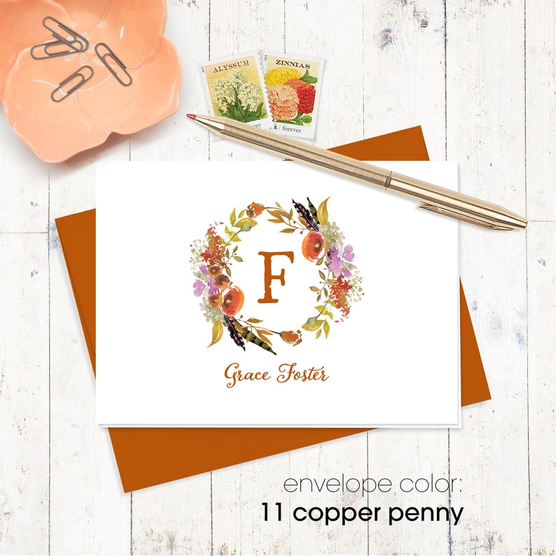 AUTUMN GARDEN Watercolor Floral Wreath MONOGRAM set of 8 folded cards personalized stationery set fall wreath cards stationary