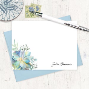 personalized note card set - SINGLE SUCCULENT WATERCOLOR - custom stationery set womens pretty botanical stationary - flat cards set of 12